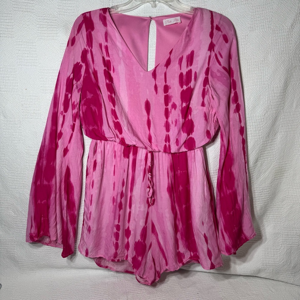 Pink Lily Weekend Wishes Pink Tie-Dye Long Bell Sleeve Romper Small